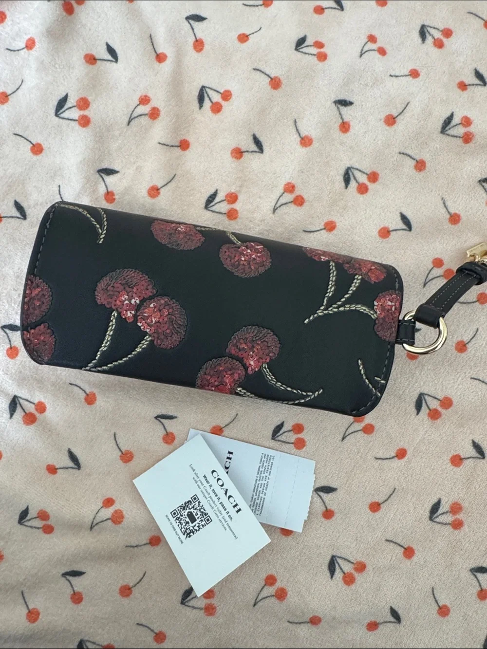 Coach Cherry-Embroidered Leather Wristlet Key Case - Black